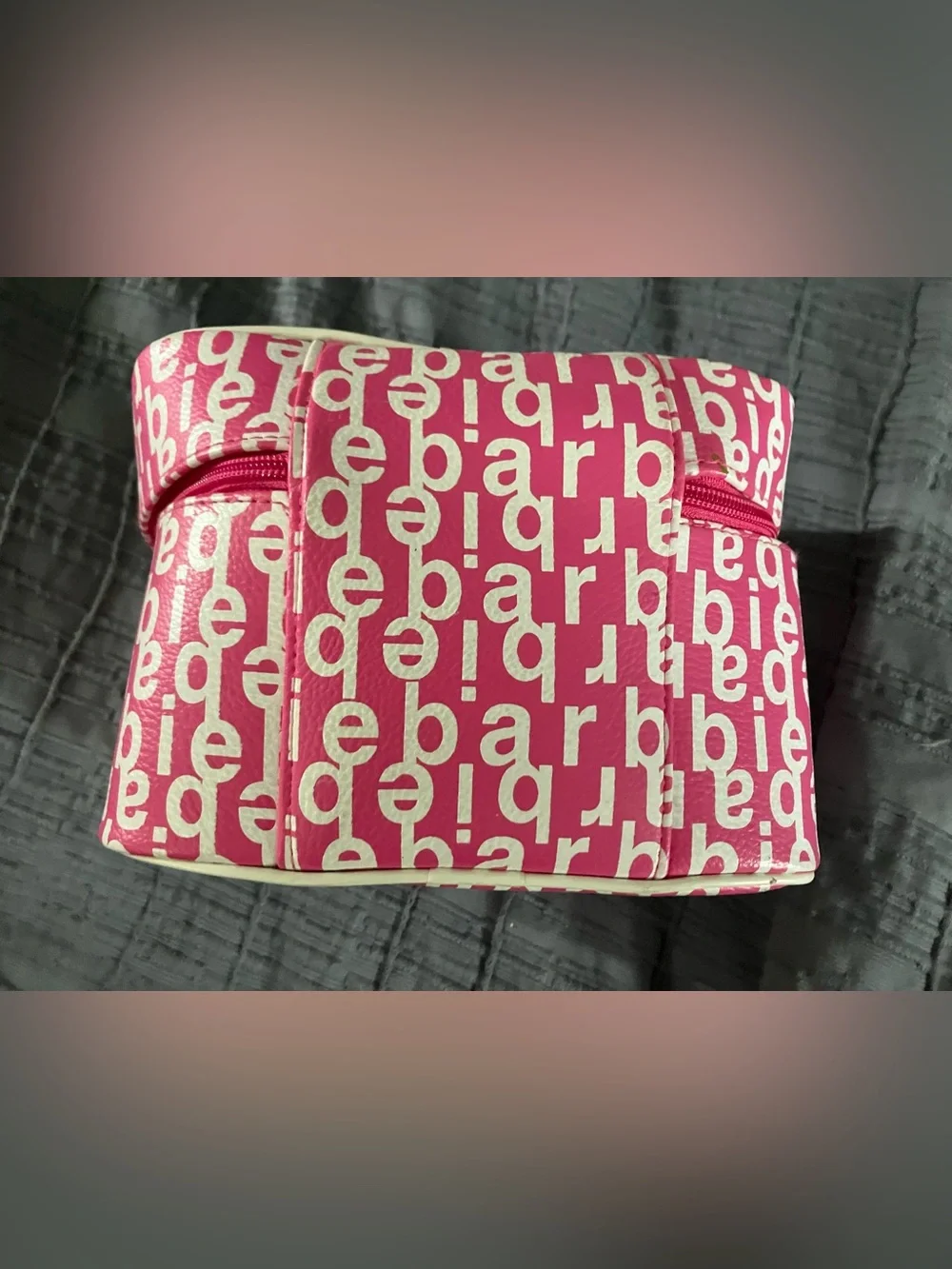 Vintage Barbie make-up bag 9”x7”x6” Pink/White barbie tags zips to close